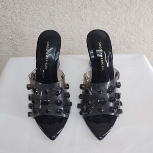 Good American Heels Womens 6.5 Clear Jeweled PVC Mule Pointed Toe Wedge Black